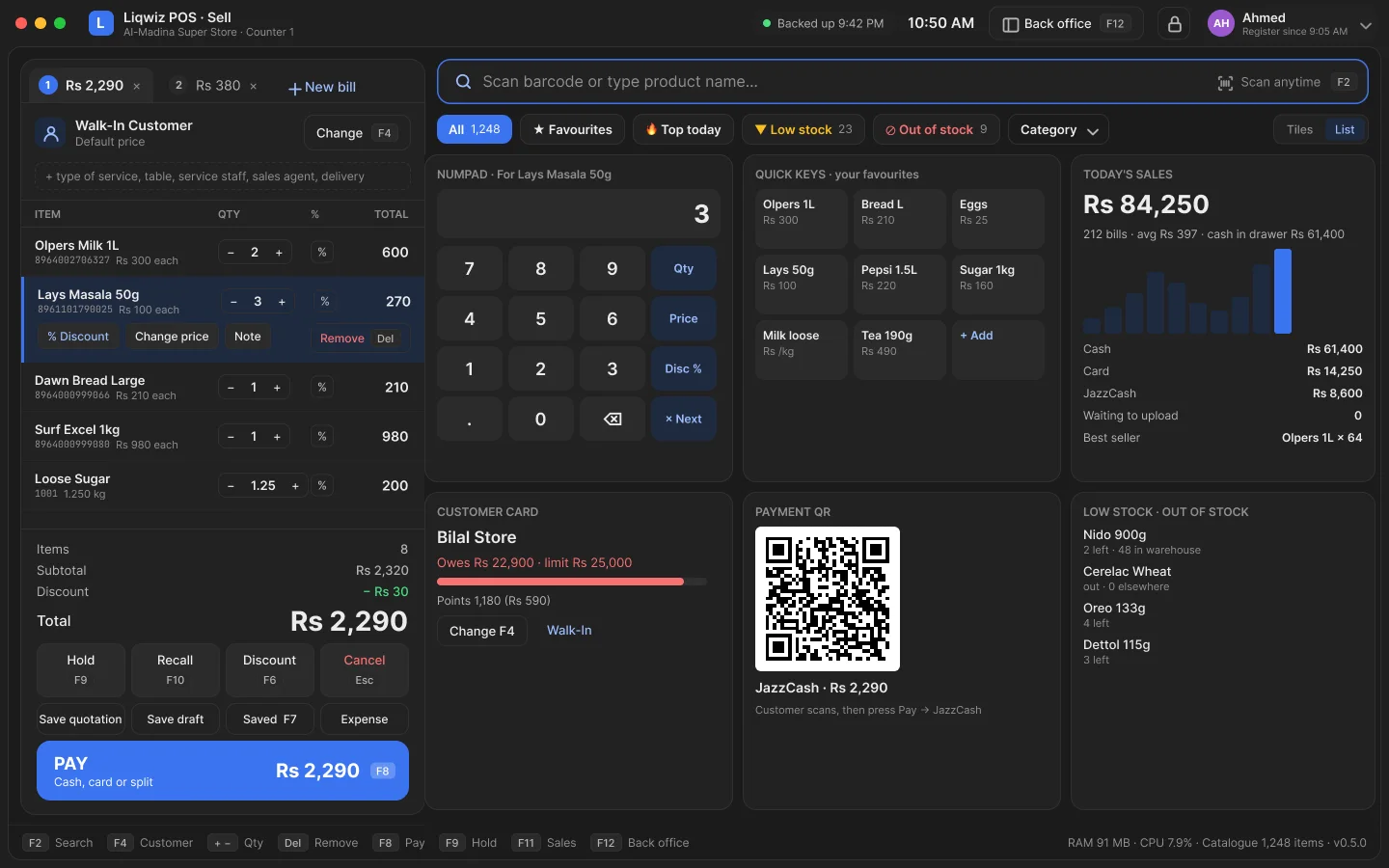 The Liqwiz POS sell screen: a bill on the left, quick keys, number pad and today's sales on the right